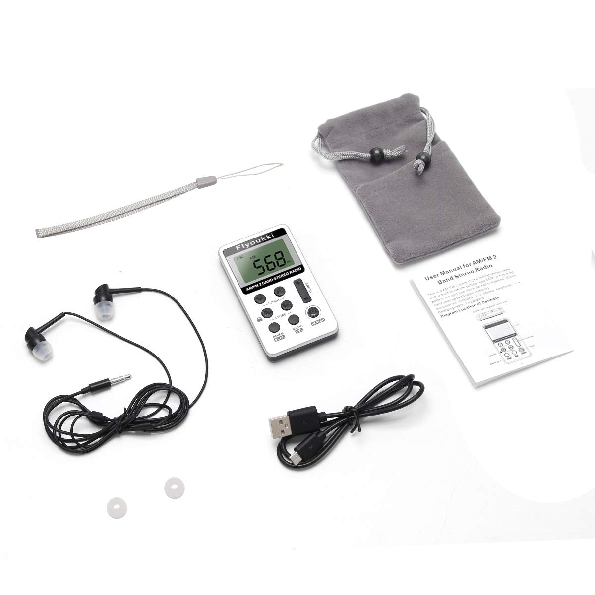 Pocket Small Radio By Flyoukki, Personal Mini Am Fm Portable Digital Tuning Transistor Radios With Best Reception, Earphones, Lanyard And Rechargeable Battery For Walking Jogging Exercising (Silver)